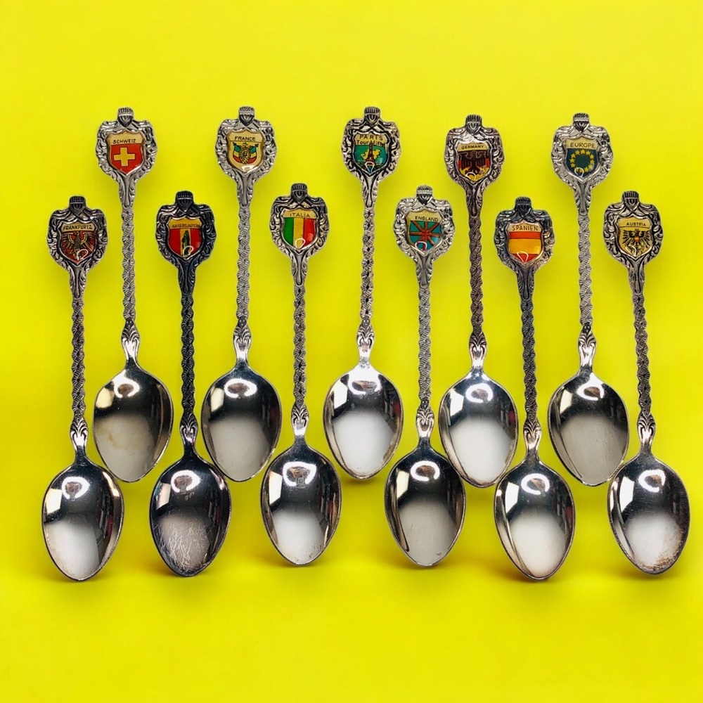 11 European Countries Silver plated Travel Souvenir Demitasse Spoons Lot Enamel